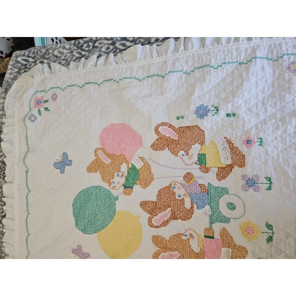Handmade Baby Blanket Embroidered Cross Stitch Bunnies Ruffled Edge 42" X 33" - Picture 3 of 15